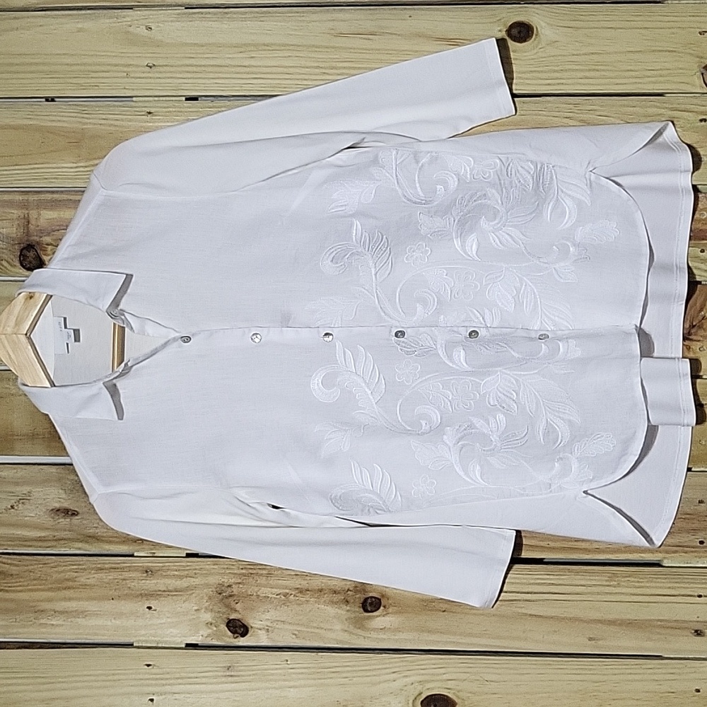 J jill Linen Embroidered Button Top